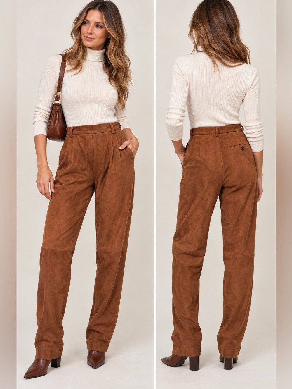 Vintage Ralph Lauren Collection Brown Suede High Rise Pleated Pants. Size Small